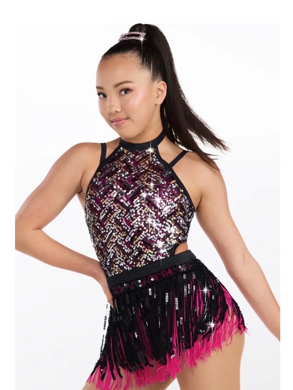 Weissman | Dreamlover Sequin Chevron Fringe Mini Dress in Pink and Black, IC SC